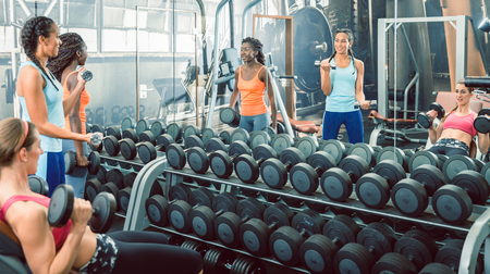 Three strong and beautiful women exercising with heavy dumbbells for toned arms during workout at...
