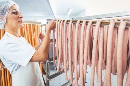 Ring Sausages in rack waiting to be smoked in butchery, woman looking over itの写真素材