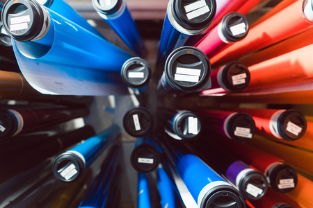 Colorful foils in repository of advertising material agency waiting to be used