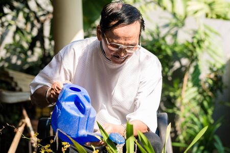 Close-up of senior man watering the plants in the garden