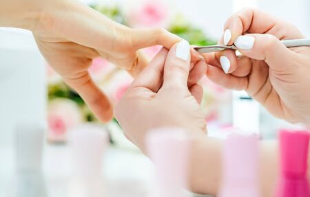 Woman having a manicure in beauty parlorの写真素材