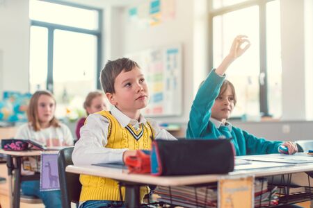 Boy student in class of elementary school knowing an answer raising his handの写真素材