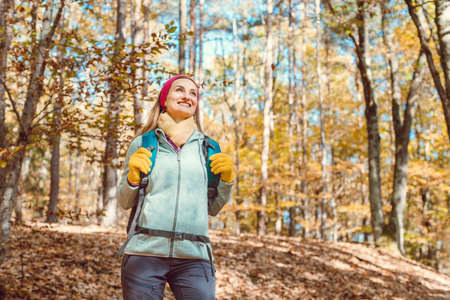 Woman hiking during colorful autumn forest