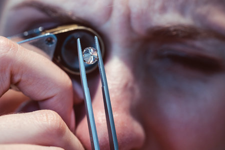 Jeweler looking at precious stone through a loupe for flawsの写真素材