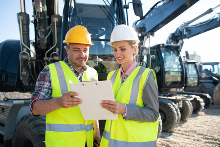 Two workers in open cast mine standing in front of heavy machinery with clipboard discussing