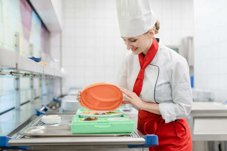 Chef in commercial kitchen preparing meal for deliveryの写真素材