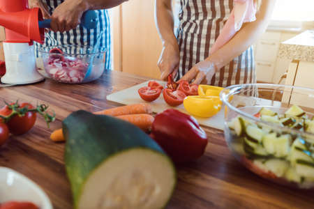 Women preparing dishes for garden party in the kitchenの写真素材
