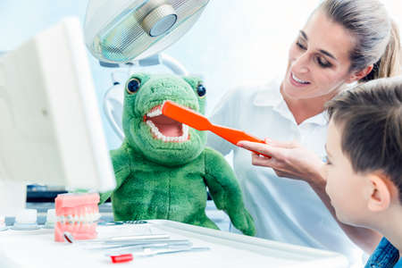 Boy looking at doctor brushing the dinosaurs teeth in clinicの写真素材