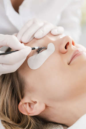 Cosmetician applying eyelash treatment to woman customerの写真素材