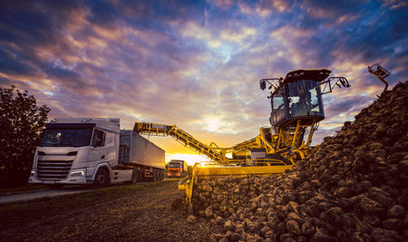Beet harvester and truck harvesting sugar beetの写真素材