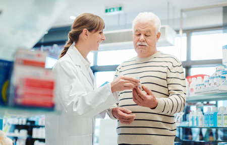 Senior man with pharmacist in pharmacyの写真素材