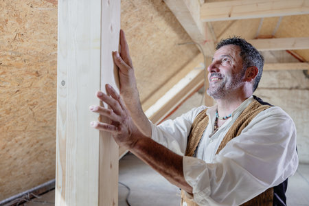 carpenter working on wooden beams and frameworkの写真素材