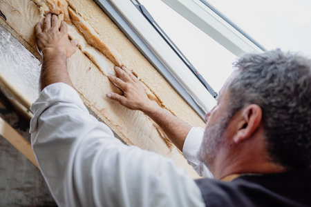 Carpenter seen over shoulder insulating window