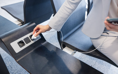 hands of businesswoman charging phone at airportの写真素材