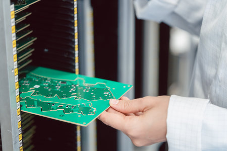 electrical engineer at assembly line inspecting PCB boardsの写真素材