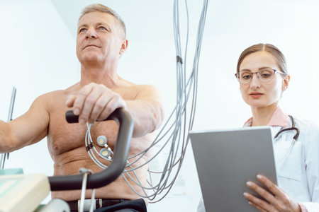 Doctor taking notes on tablet computer during stress ECGの写真素材