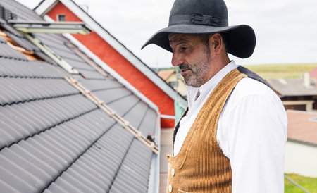 roofer working with tiles on the roof.の写真素材