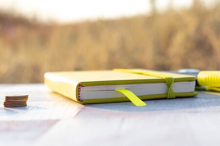Notebook and a stack of coins on the sunset background, savings concept