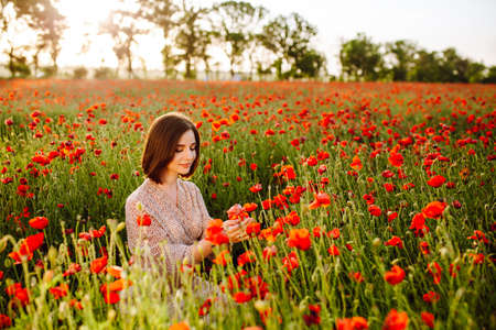 Beautiful young woman enjoys sitting among red poppy flowers on the field on the sunset. A girl...