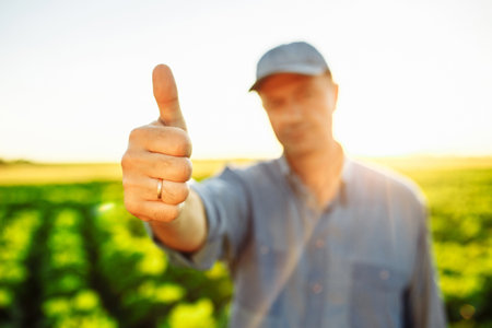 Man farmer shows thumb up with his hand. Agronomist approves good season harvest by like sign. New...