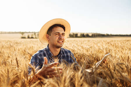 An agronomist checks the field against the backdrop of a summer sunset. Young farmer in a straw hat stands with a tablet and spikelets in his hands in the middle of a ripe wheat fieldの写真素材