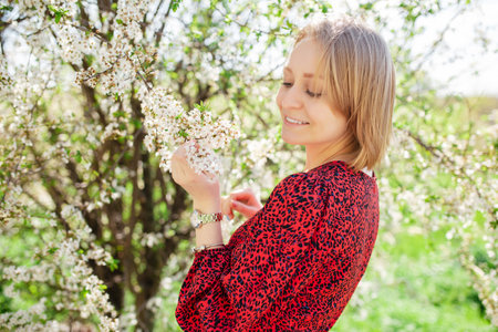 Young charming woman smells beautiful blooming flowers of apple cherry tree. Concept of joy, happiness and relaxationの写真素材
