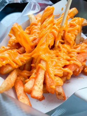 Hot french fries topped with cheese.