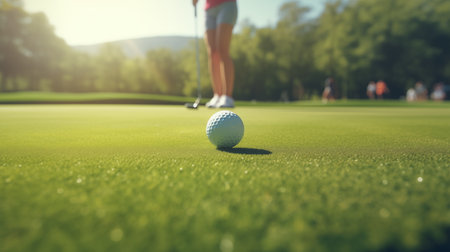 Close-up shot Golf player hitting ball on green course. AI Generative.の素材