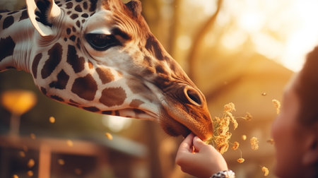 Giraffe with grass in the park at sunset. AI Generative.の素材