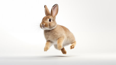 Brown rabbit jumping isolated on white studio background. AI Generative.の素材