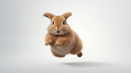 Fat brown rabbit jumping on white background. AI Generative.の素材