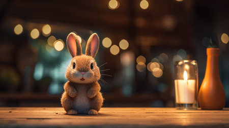 Easter bunny and candle on wooden table in front of bokeh background. AI Generative.の素材