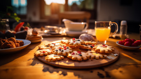 Breakfast table with cookies and juice on a wooden table in the morning. AI Generative.の素材