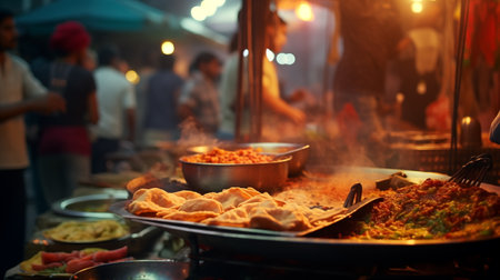 India street food at night market. AI Generative.の素材