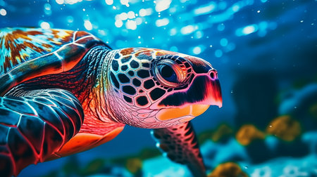 Closeup sea turtle swimming underwater in the ocean. AI Generative.の素材