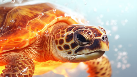 Close up Turtle swimming in the water on a background of water splashes. AI Generative.の素材