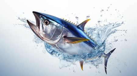 Bluefin Tuna fish with water splash on white background. AI Generative.の素材