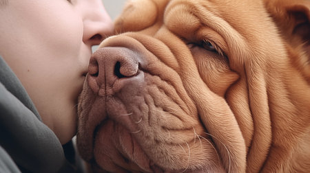 Sharpei dog being embraced and kissed on the cheek by the owner. AI Generative.の素材