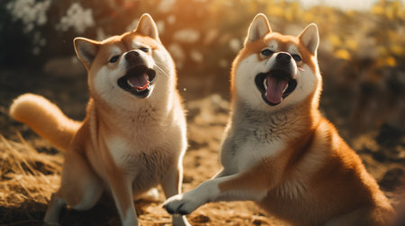 Shiba inu dogs are playing in the park. AI Generative.の素材