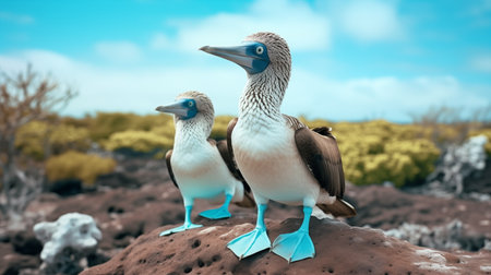 Blue footed booby and blue footed booby on the rock. 3D renderingの素材