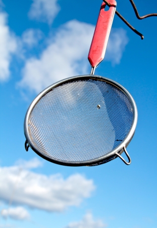 colander strainer against the skyの写真素材