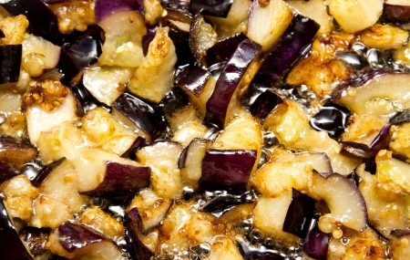 salad, fried eggplant, tomato onionの写真素材
