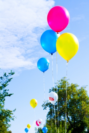 multicolored balloons with numbers on a background of skyの写真素材