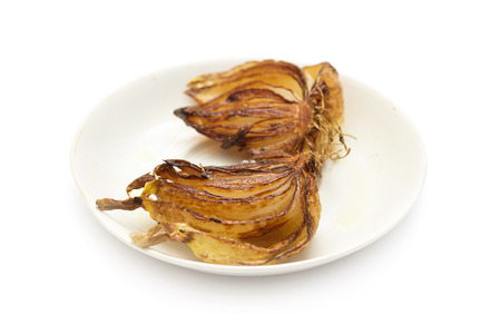 Fried onion with oil, on a white plateの写真素材