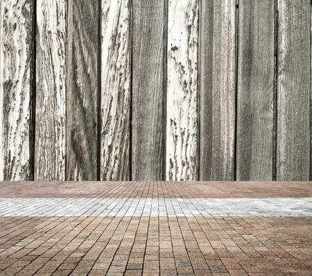 old interior with wooden wall and tiled floorの写真素材