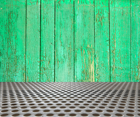 interior metal floor background on wooden wallの写真素材
