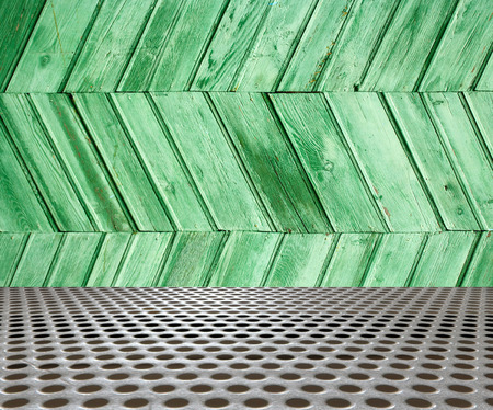 interior metal floor background on wooden wallの写真素材