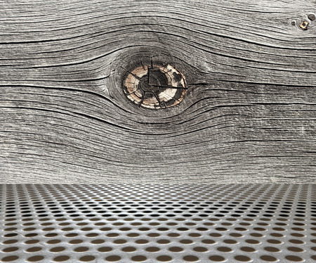 interior metal floor background on wooden wallの写真素材