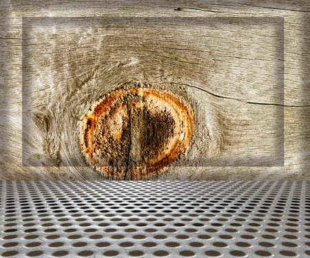 interior metal floor background on wooden wallの写真素材