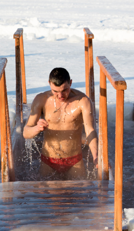 PETROPAVLOVSK, KAZAKHSTAN- JANUARY 19, 2015: The Baptism of Russia celebration. Orthodox church Holy Epiphany Day. Weather -25のeditorial素材
